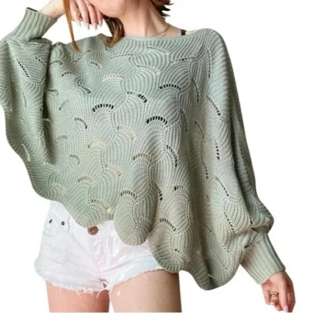 Anthropologie Moon Madison Green Scalloped Knit Flowy Sweater - Picture 1 of 13